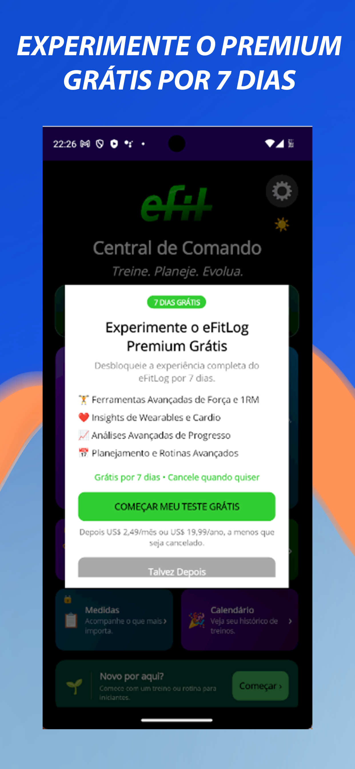 Teste grátis de 7 dias do eFitLog Premium em português do Brasil