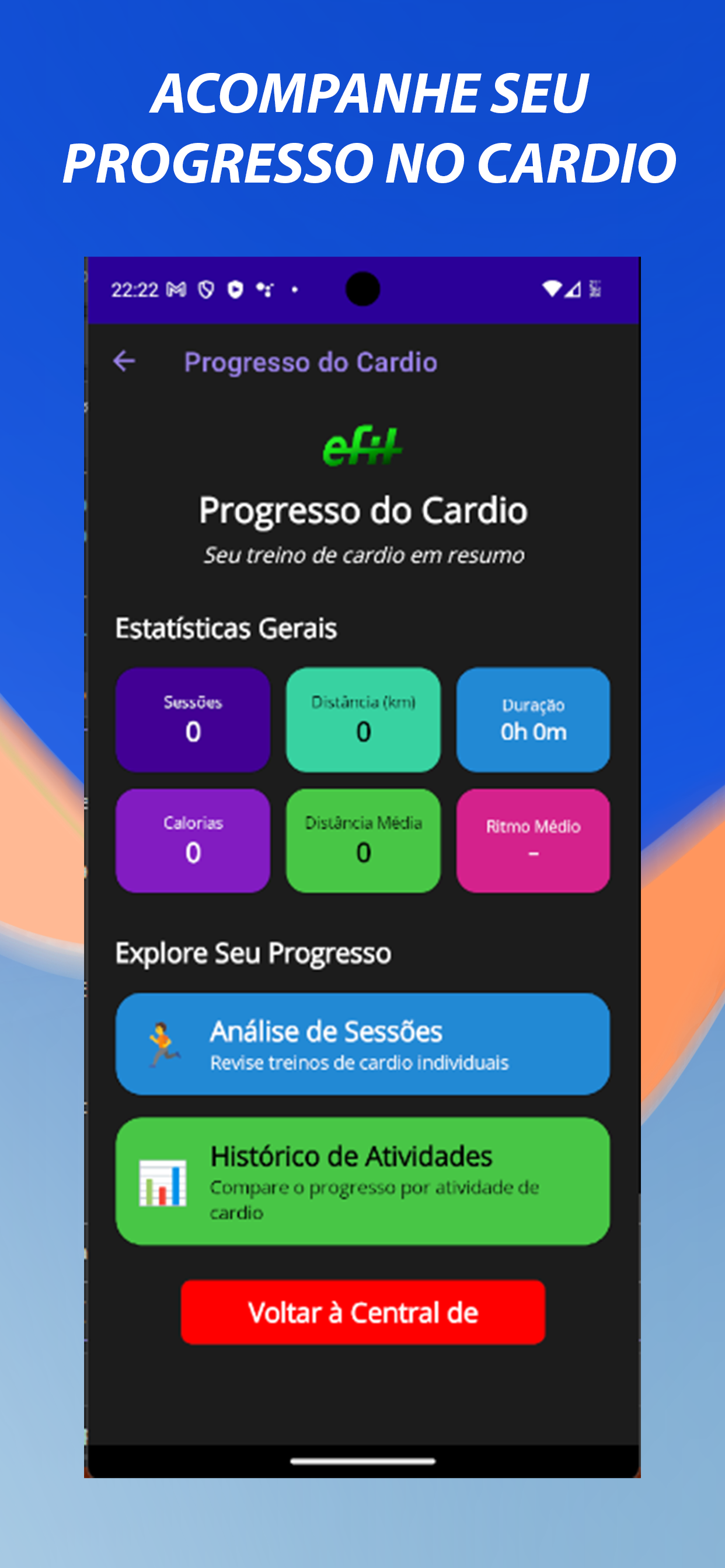 Progresso do Cardio no eFitLog em português do Brasil com sessões, distância, duração, calorias, ritmo e histórico de atividades