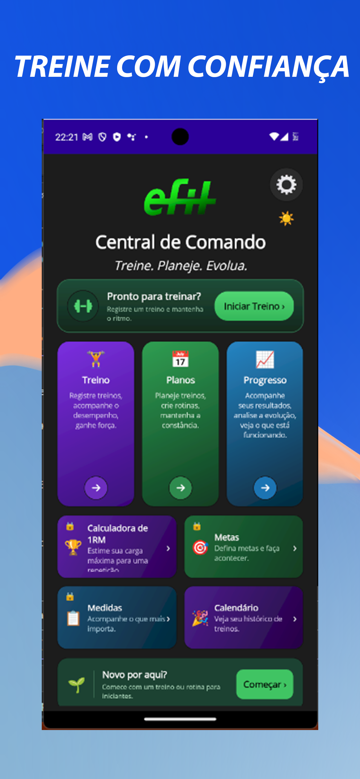 eFitLog em português do Brasil com treino de força, planejamento, progresso e dados compatíveis de wearables