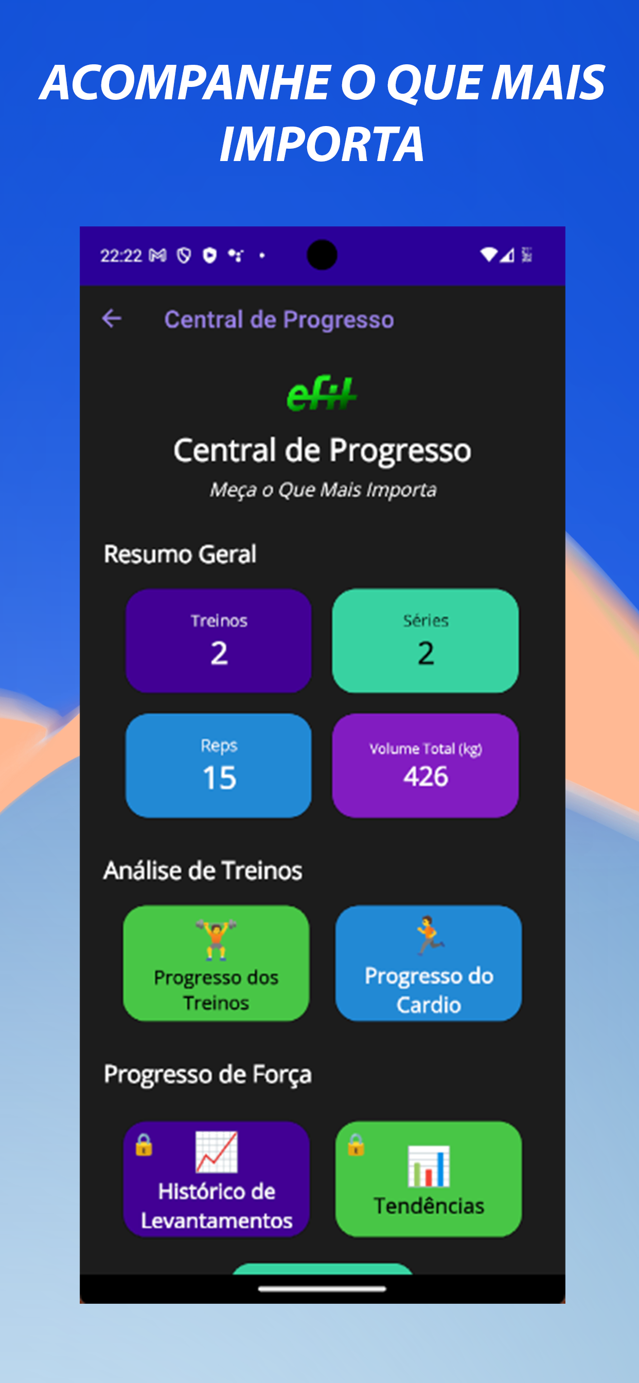 Central de Progresso do eFitLog em português do Brasil mostrando treinos, séries, repetições, volume, cardio, PRs e ferramentas de análise