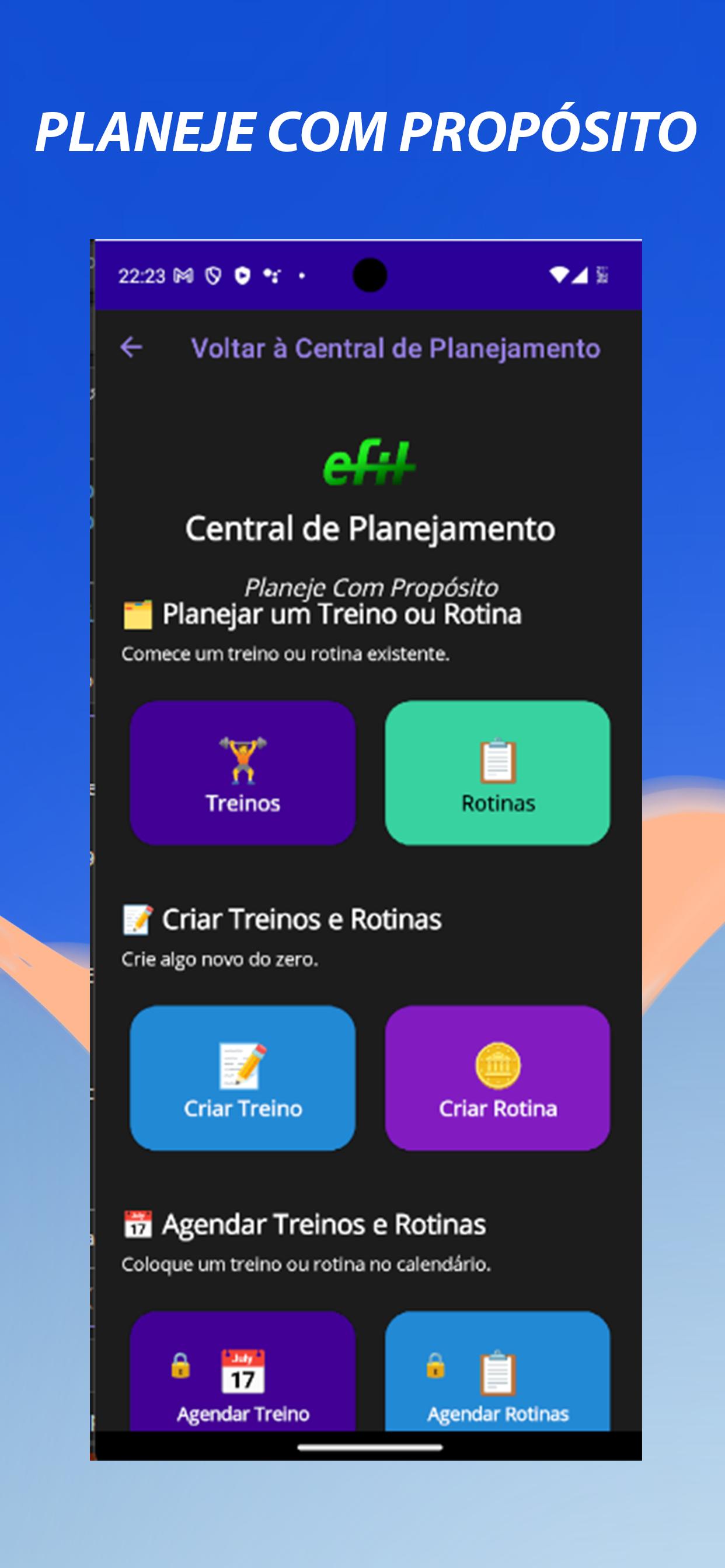 Central de Planejamento do eFitLog para criar treinos, rotinas e agendas