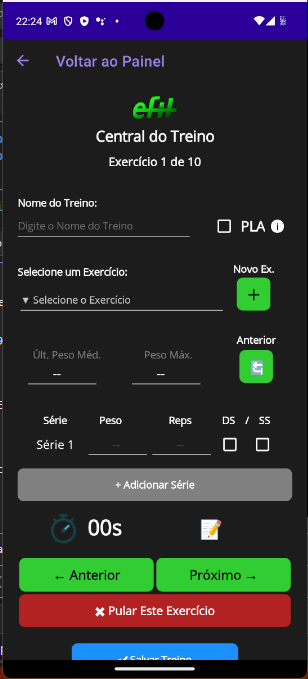 Tela de registro de treino do eFitLog em português do Brasil